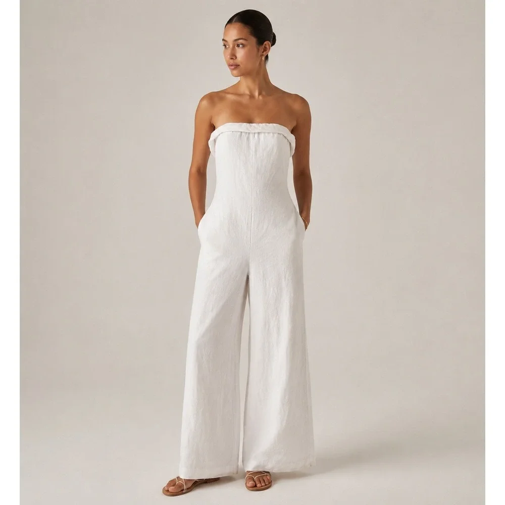 Reformation Taylor Linen Jumpsuit Strapless White Missing Belt Sz 4 Euro Summer